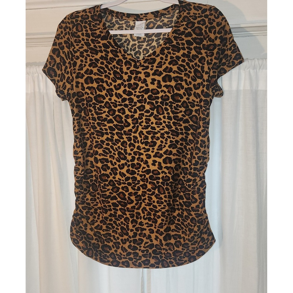 Time & Tru Maternity Top Medium Leopard Animal Print Ruched V-Neck Short Sleeve